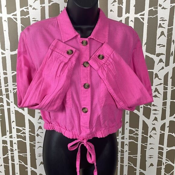 Barbiecore Bubblegum Pink Linen Blend Pullover Shirt / Shacket - Picture 2 of 16